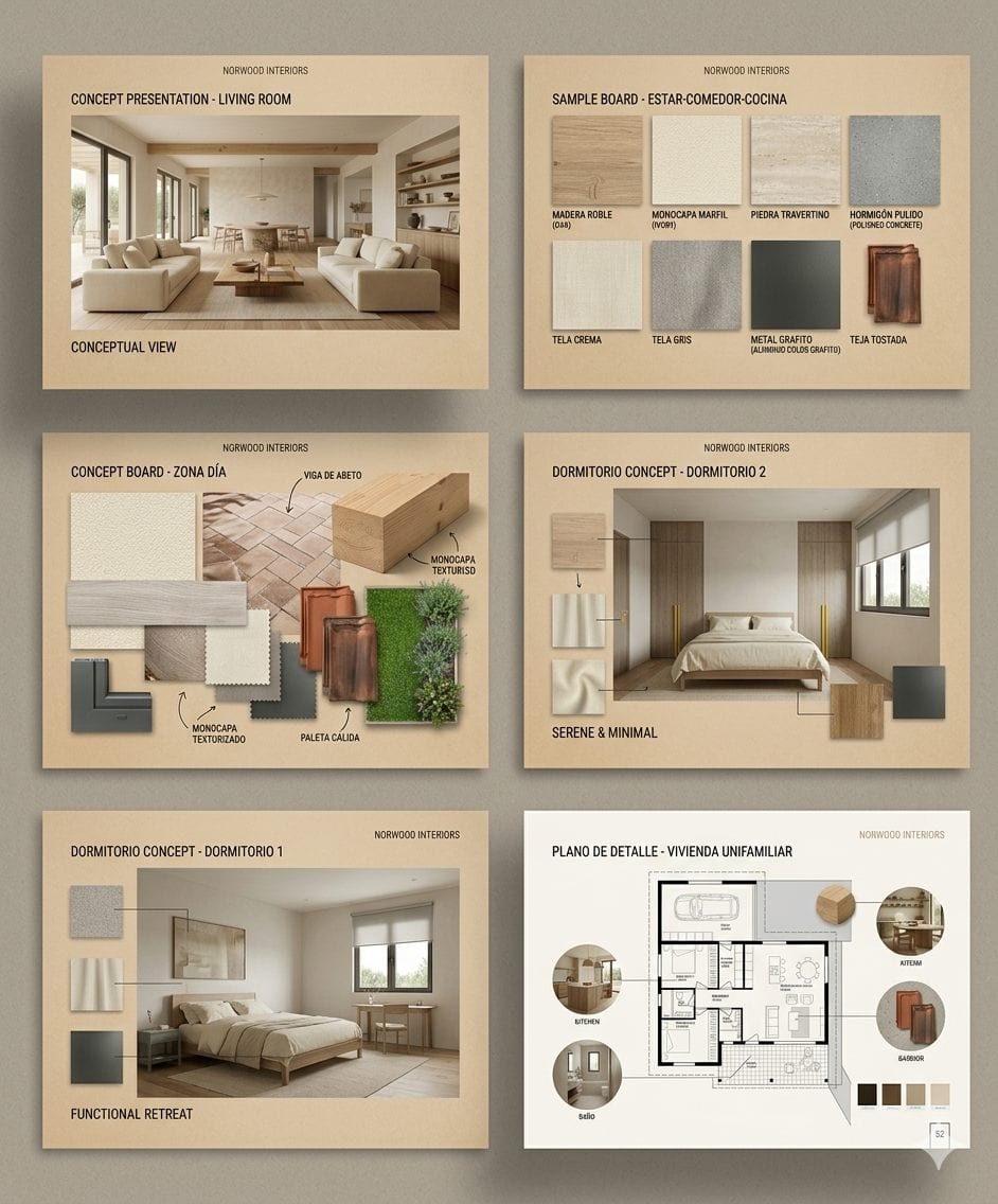 Láminas de diseño de interiores con muestras de materiales, acabados y renders de estancias