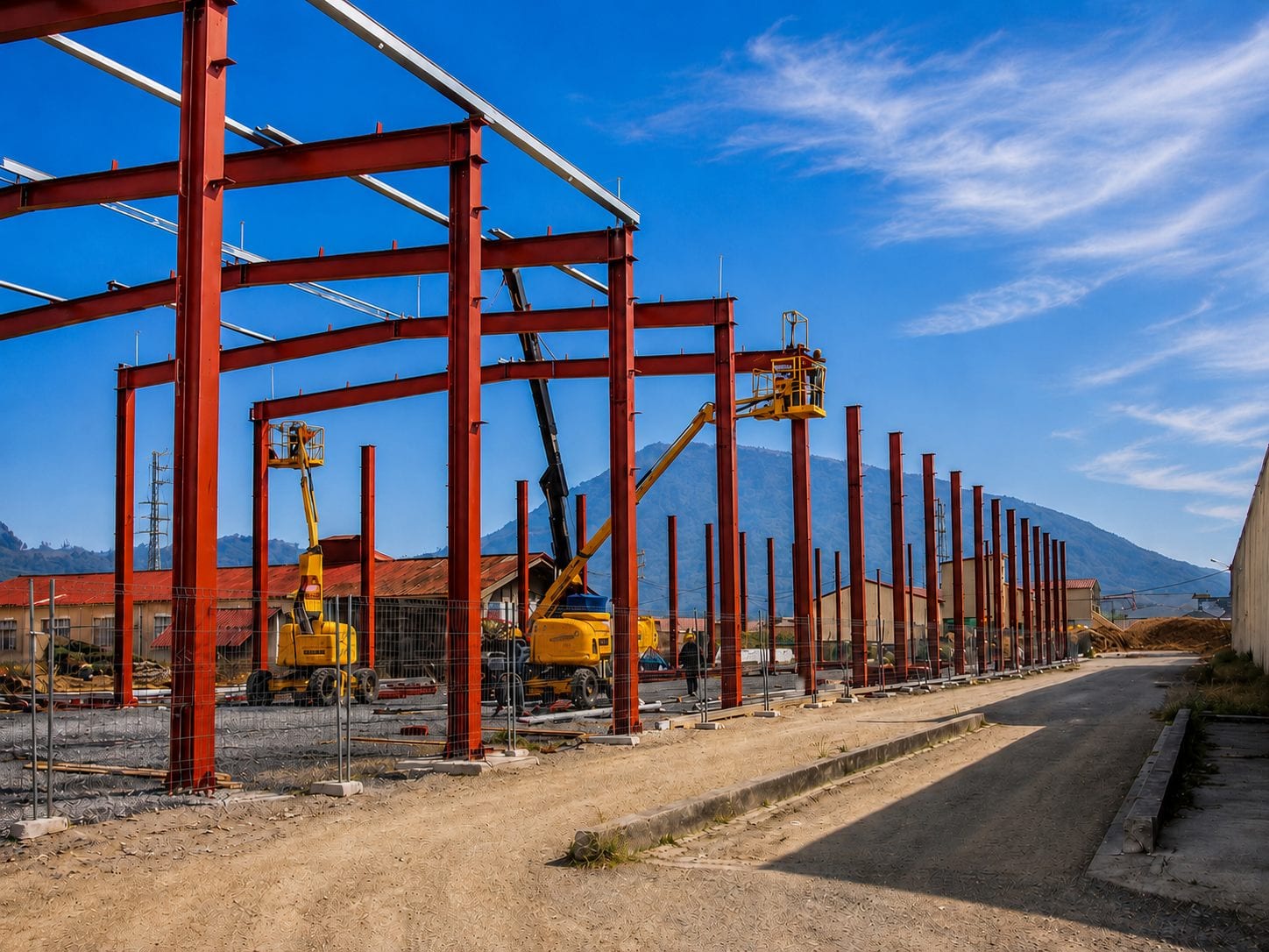 Estructura metálica de un pabellón industrial en montaje, con grúa y plataforma elevadora