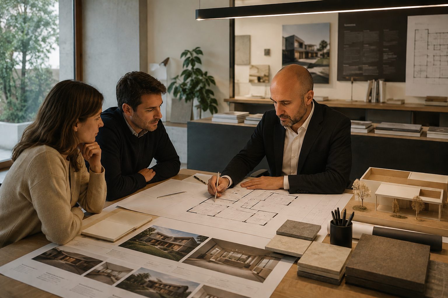 Arquitecto revisando los planos de un proyecto con dos clientes sobre la mesa del estudio, junto a una maqueta